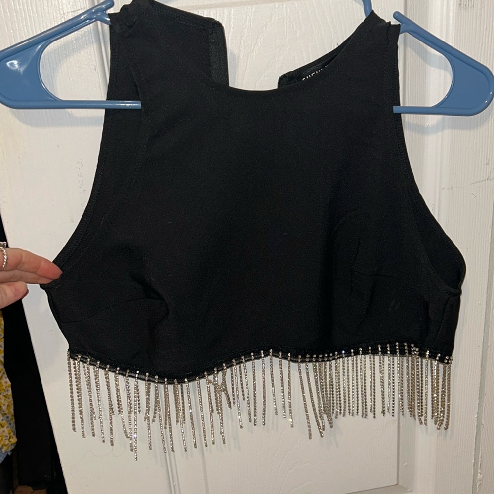 SHEIN black sparkly fringe crop top